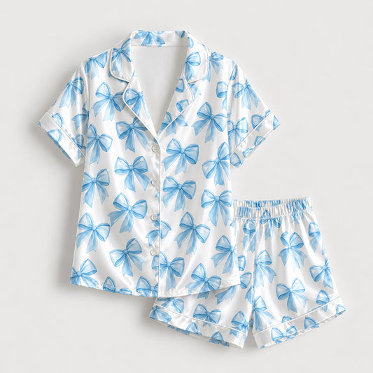 PJ-287-Sky Blue Coquette Bow Satin Pajama Set, White Graphic Ribbon Loungewear Sleepwear Collection Nightwear