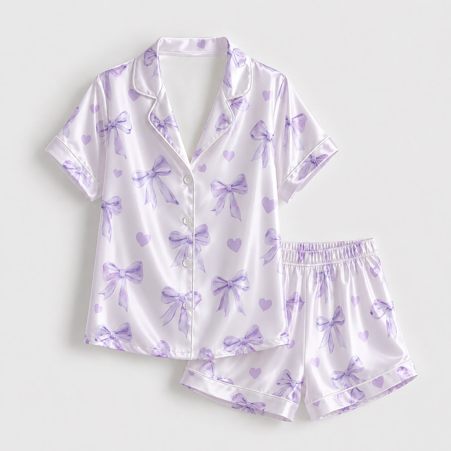 PJ-288-Lavender Coquette Bow Satin Pajama Set, Purple Graphic Heart Loungewear Sleepwear Collection Nightwear