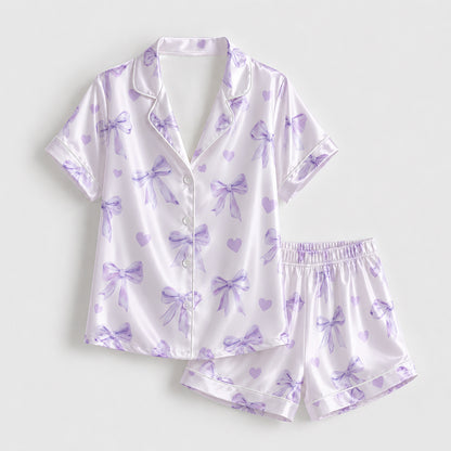 PJ-288-Lavender Coquette Bow Satin Pajama Set, Purple Graphic Heart Loungewear Sleepwear Collection Nightwear
