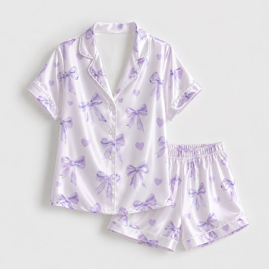 PJ-288-Lavender Coquette Bow Satin Pajama Set, Purple Graphic Heart Loungewear Sleepwear Collection Nightwear