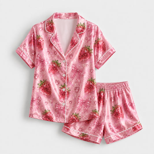 PJ-289-Patterned Sweetheart Luxury Satin Pajama Set, Light Fuchsia Short Sleeve Button Front Apparel Nightshirts