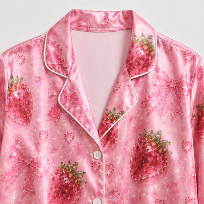 PJ-289-Patterned Sweetheart Luxury Satin Pajama Set, Light Fuchsia Short Sleeve Button Front Apparel Nightshirts