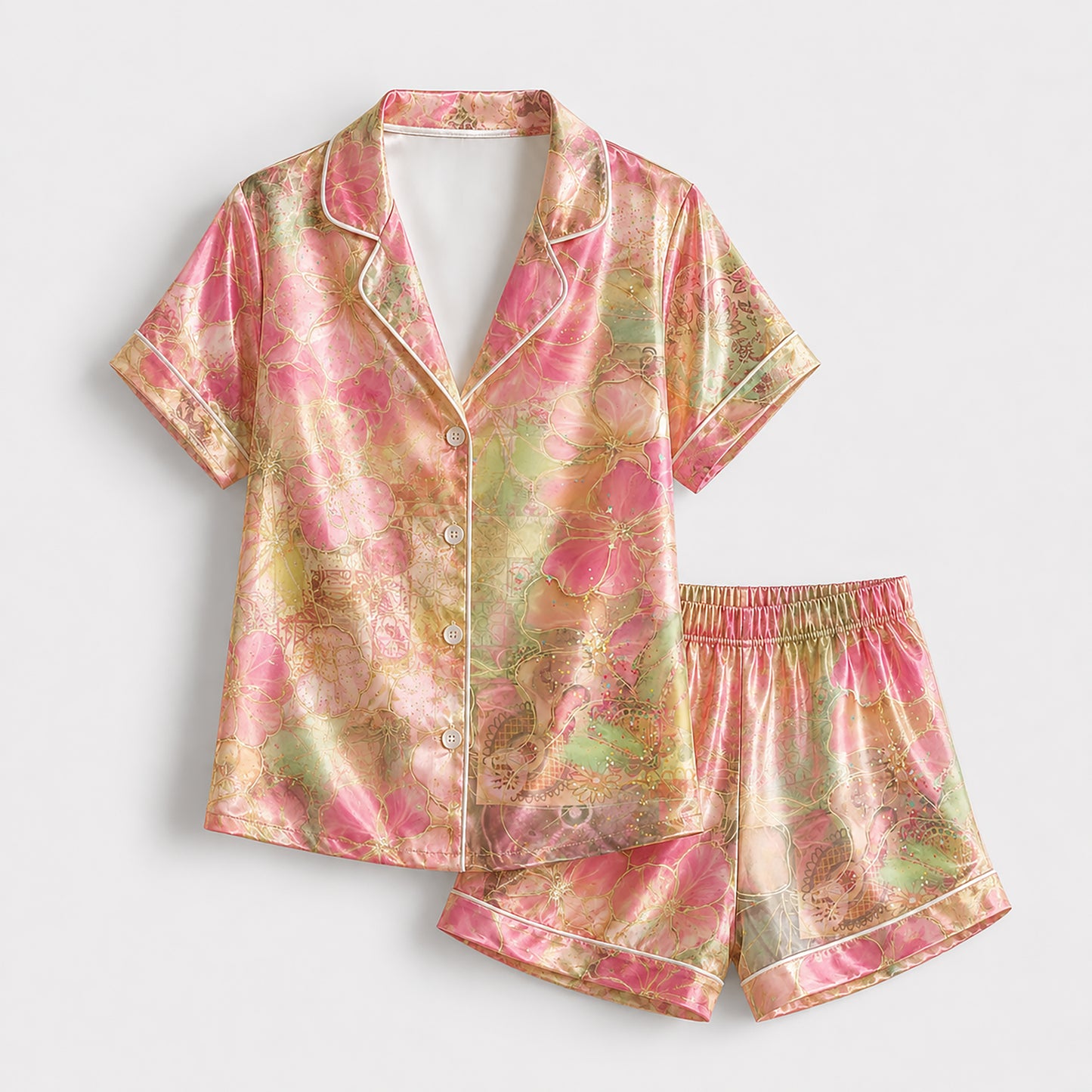 PJ-290-Vintage Flower Printed Satin Pajama Set, Whimsical Blossom Pastel Unisex Sleepwear Lounge Coordinates Suit