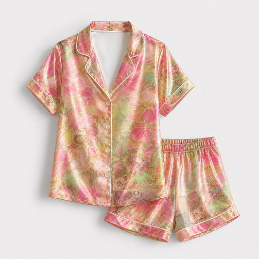 PJ-290-Vintage Flower Printed Satin Pajama Set, Whimsical Blossom Pastel Unisex Sleepwear Lounge Coordinates Suit