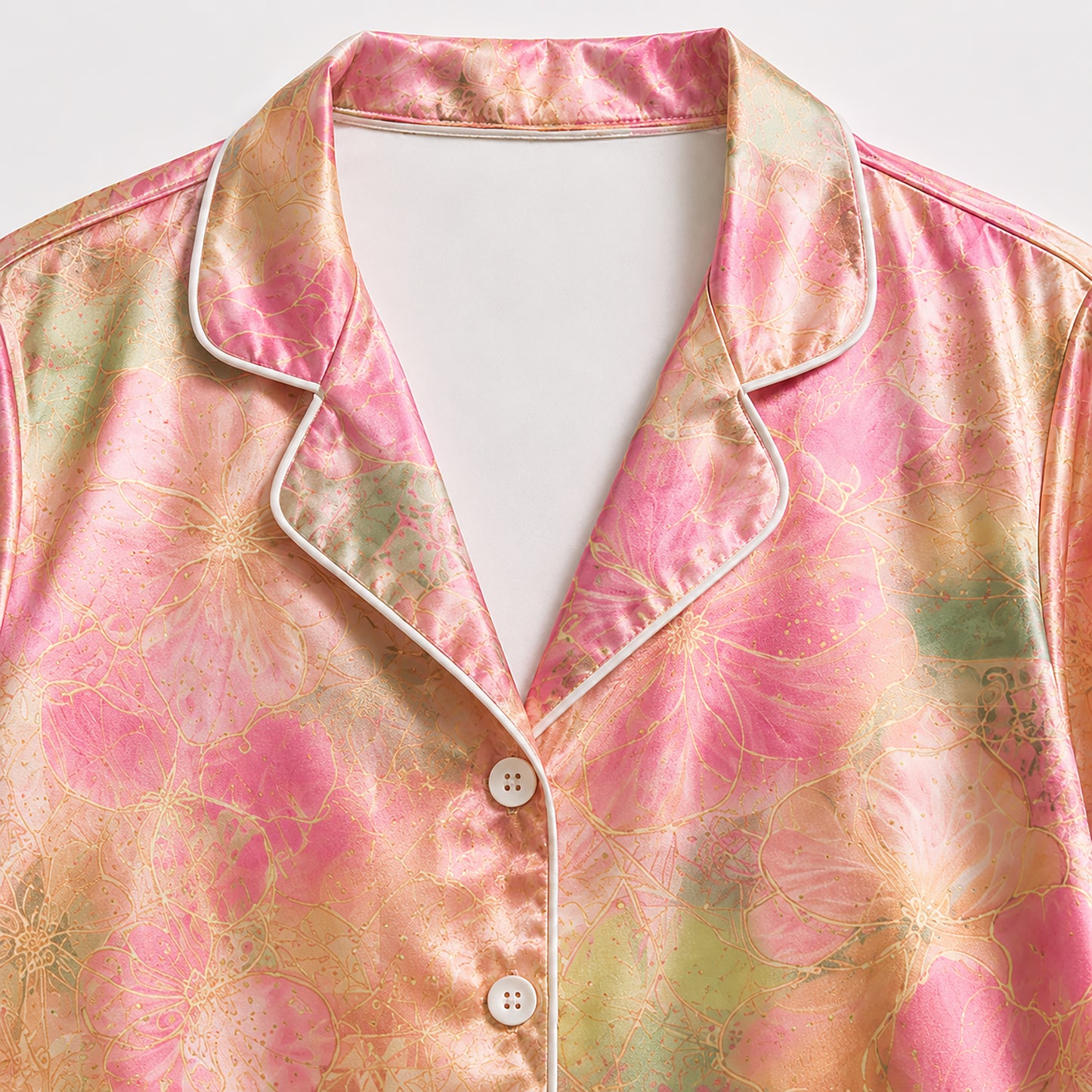 PJ-290-Vintage Flower Printed Satin Pajama Set, Whimsical Blossom Pastel Unisex Sleepwear Lounge Coordinates Suit