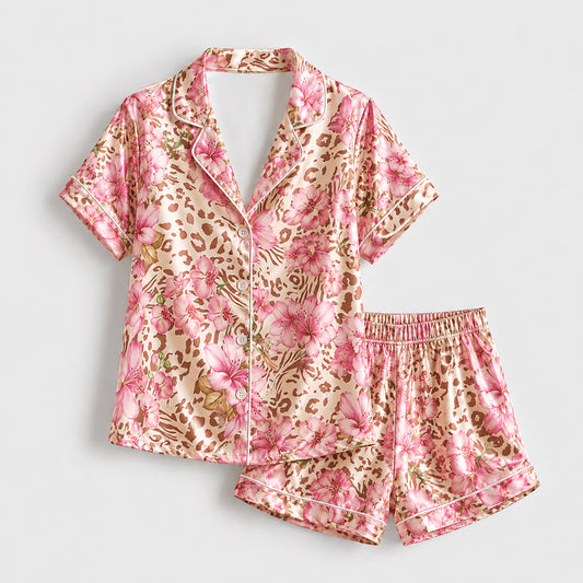 PJ-292-Pink Floral Leopard Print Satin Pajama Set Animal Botanical Sleepwear Button Up Loungewear