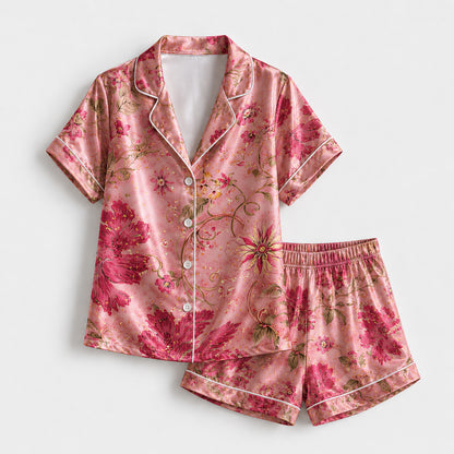 PJ-293-Pink Floral Satin Pajama Set, Gold Rose Graphic Print Loungewear Sleepwear Collection Nightwear Luxury