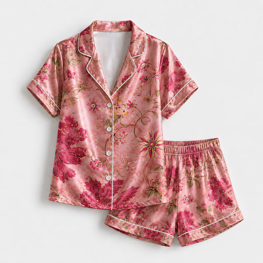PJ-293-Pink Floral Satin Pajama Set, Gold Rose Graphic Print Loungewear Sleepwear Collection Nightwear Luxury