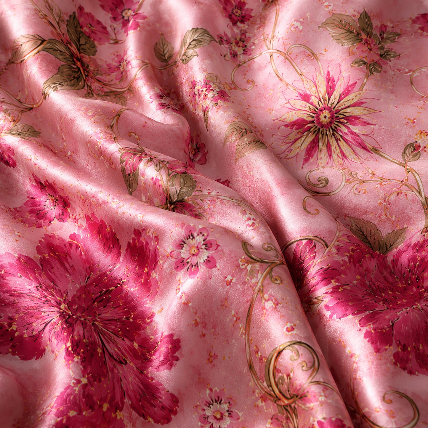 PJ-293-Pink Floral Satin Pajama Set, Gold Rose Graphic Print Loungewear Sleepwear Collection Nightwear Luxury