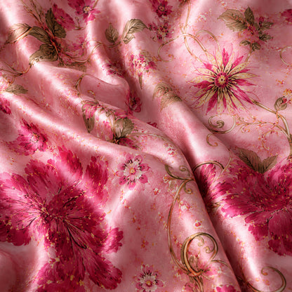 PJ-293-Pink Floral Satin Pajama Set, Gold Rose Graphic Print Loungewear Sleepwear Collection Nightwear Luxury