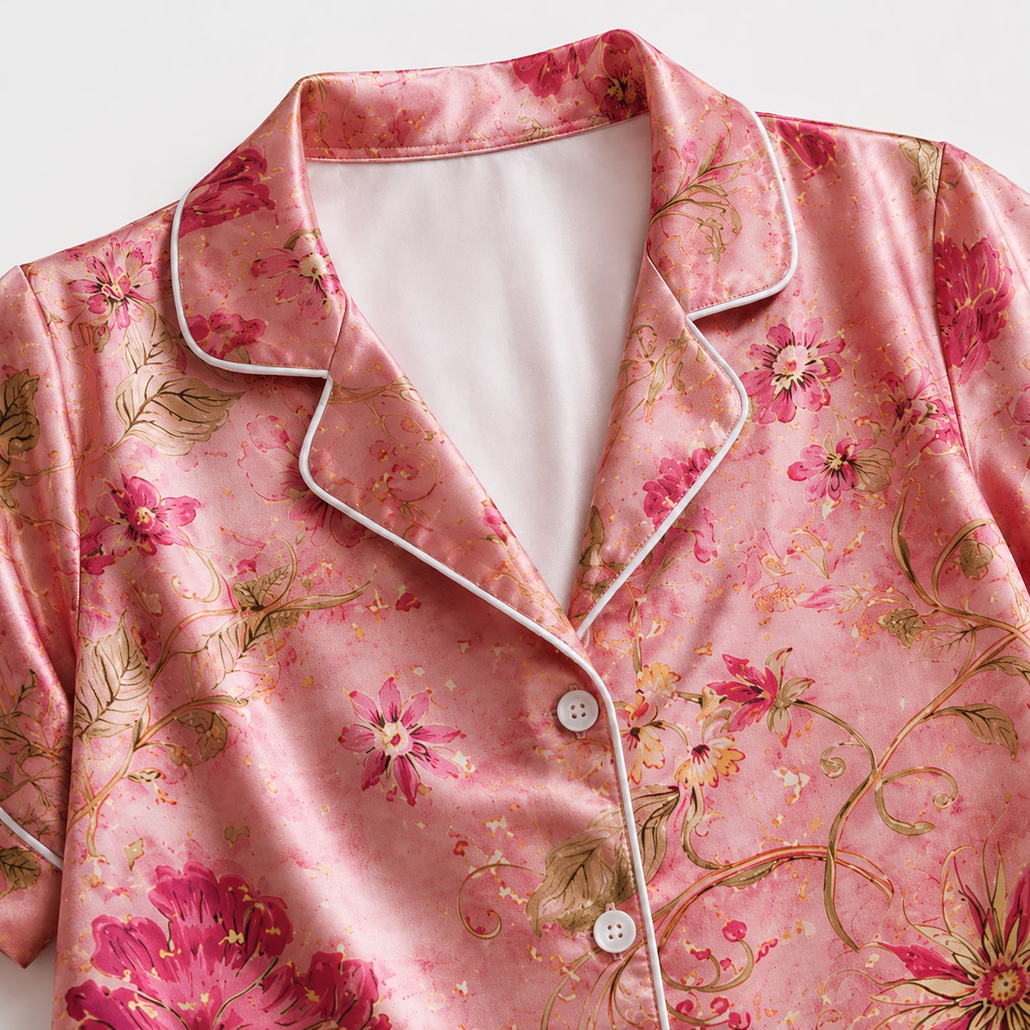 PJ-293-Pink Floral Satin Pajama Set, Gold Rose Graphic Print Loungewear Sleepwear Collection Nightwear Luxury