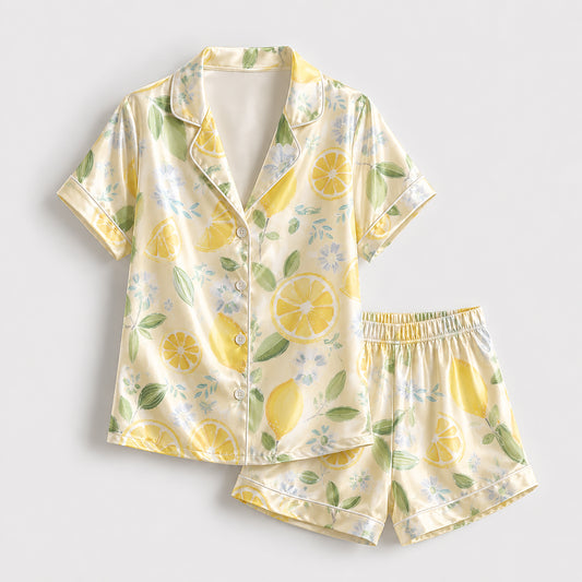 PJ-295-Yellow Citrus Pattern Satin Pajama Set, Romantic Golden Graphic Print Homewear Pjs Set Lounging