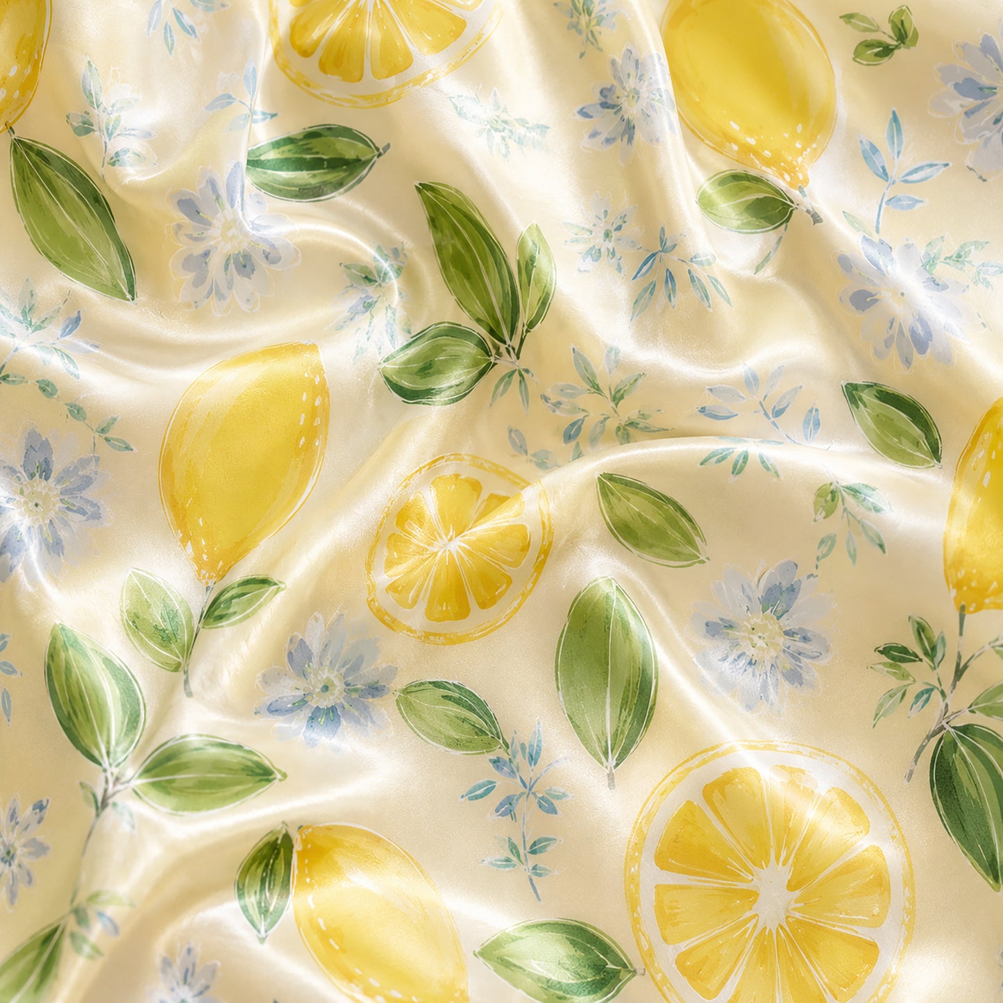 PJ-295-Yellow Citrus Pattern Satin Pajama Set, Romantic Golden Graphic Print Homewear Pjs Set Lounging FREE SHIPPING