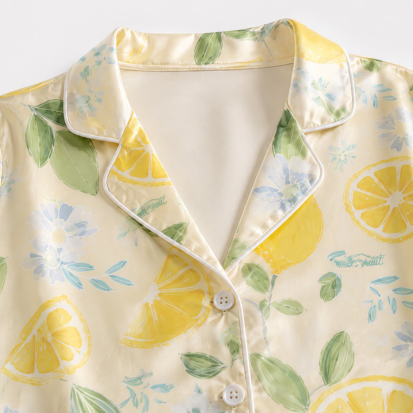 PJ-295-Yellow Citrus Pattern Satin Pajama Set, Romantic Golden Graphic Print Homewear Pjs Set Lounging FREE SHIPPING