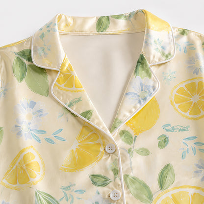 PJ-295-Yellow Citrus Pattern Satin Pajama Set, Romantic Golden Graphic Print Homewear Pjs Set Lounging FREE SHIPPING