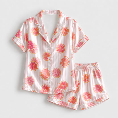 PJ-296-Pink Grapefruit Striped Satin Pajama Set, White Graphic Citrus Fruit Loungewear Sleepwear Nightwear Collection FREE SHIPPING