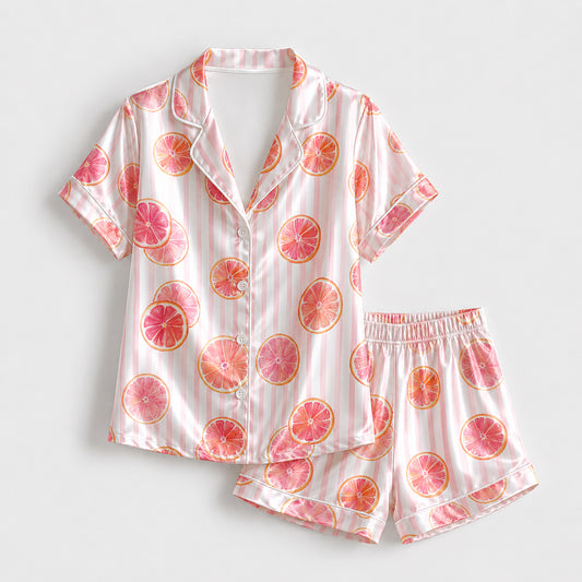 PJ-296-Pink Grapefruit Striped Satin Pajama Set, White Graphic Citrus Fruit Loungewear Sleepwear Nightwear Collection