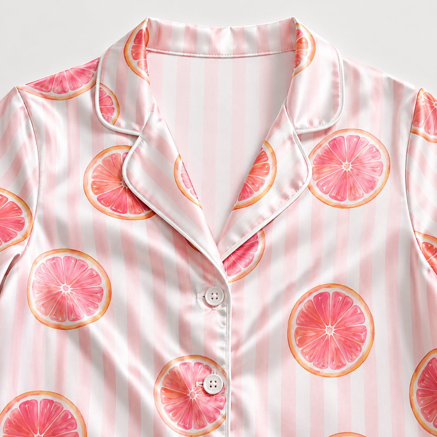 PJ-296-Pink Grapefruit Striped Satin Pajama Set, White Graphic Citrus Fruit Loungewear Sleepwear Nightwear Collection FREE SHIPPING