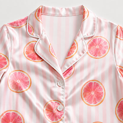 PJ-296-Pink Grapefruit Striped Satin Pajama Set, White Graphic Citrus Fruit Loungewear Sleepwear Nightwear Collection FREE SHIPPING