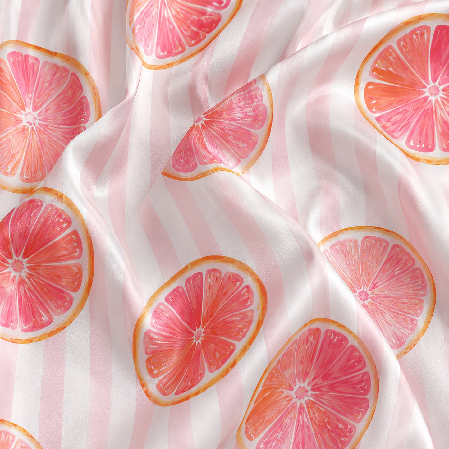 PJ-296-Pink Grapefruit Striped Satin Pajama Set, White Graphic Citrus Fruit Loungewear Sleepwear Nightwear Collection FREE SHIPPING