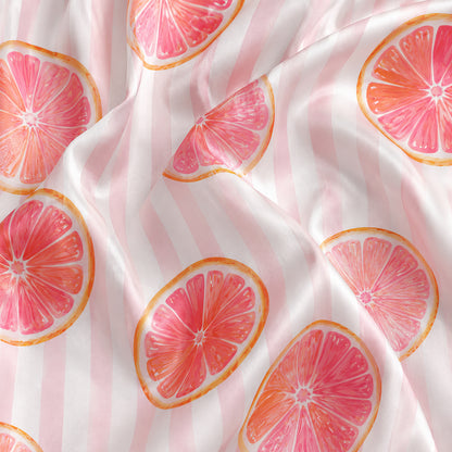 PJ-296-Pink Grapefruit Striped Satin Pajama Set, White Graphic Citrus Fruit Loungewear Sleepwear Nightwear Collection FREE SHIPPING