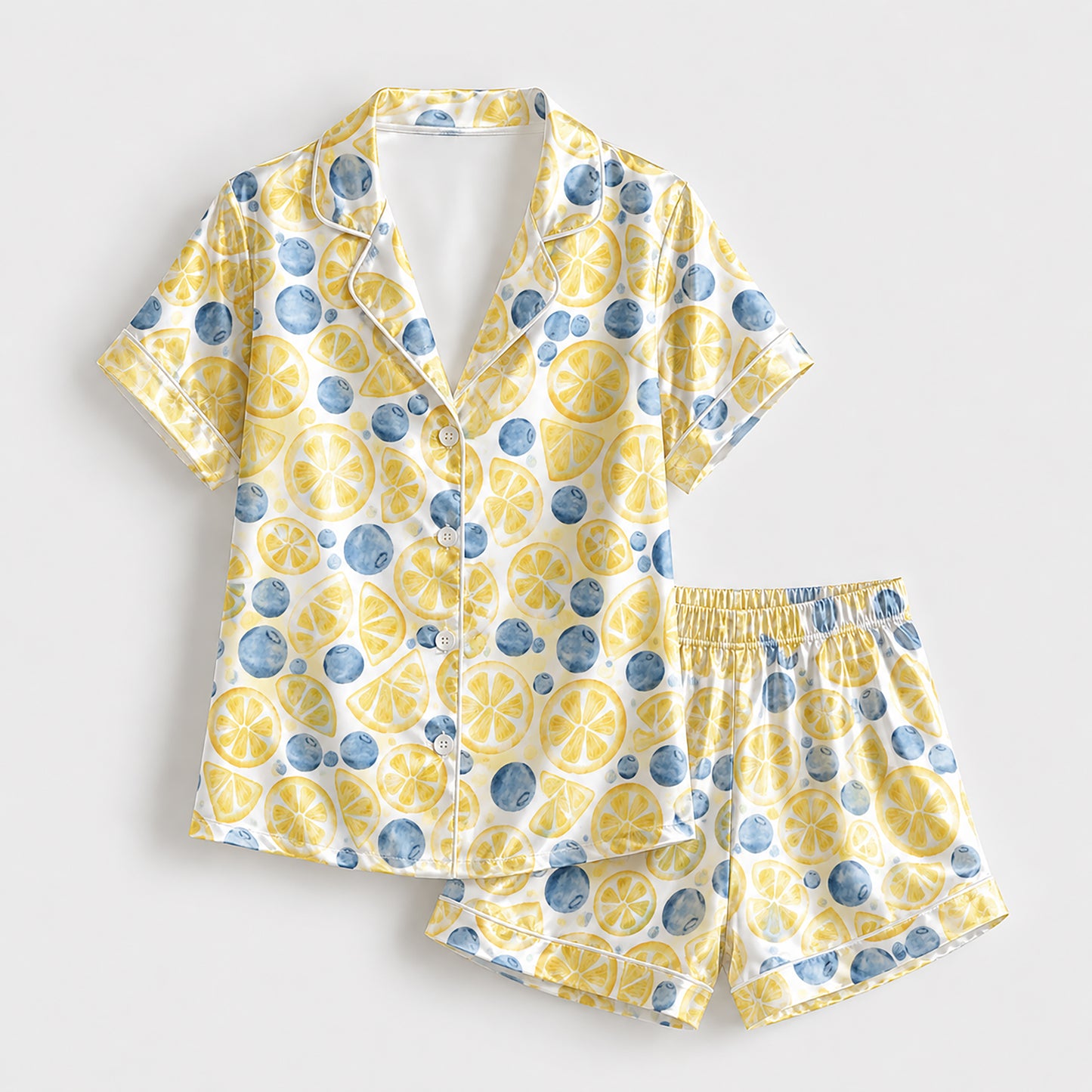 PJ-297-Patterned Orchard Luxury Satin Pajama Set, Light Amber Short Sleeve Button Front Apparel Nightshirts FREE SHIPPING
