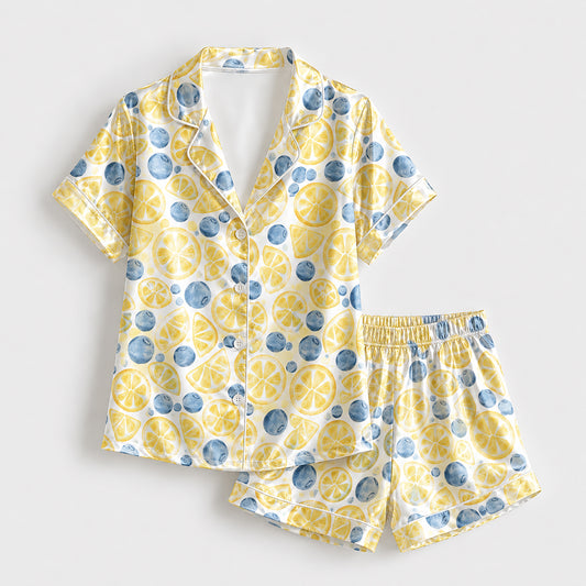 PJ-297-Patterned Orchard Luxury Satin Pajama Set, Light Amber Short Sleeve Button Front Apparel Nightshirts