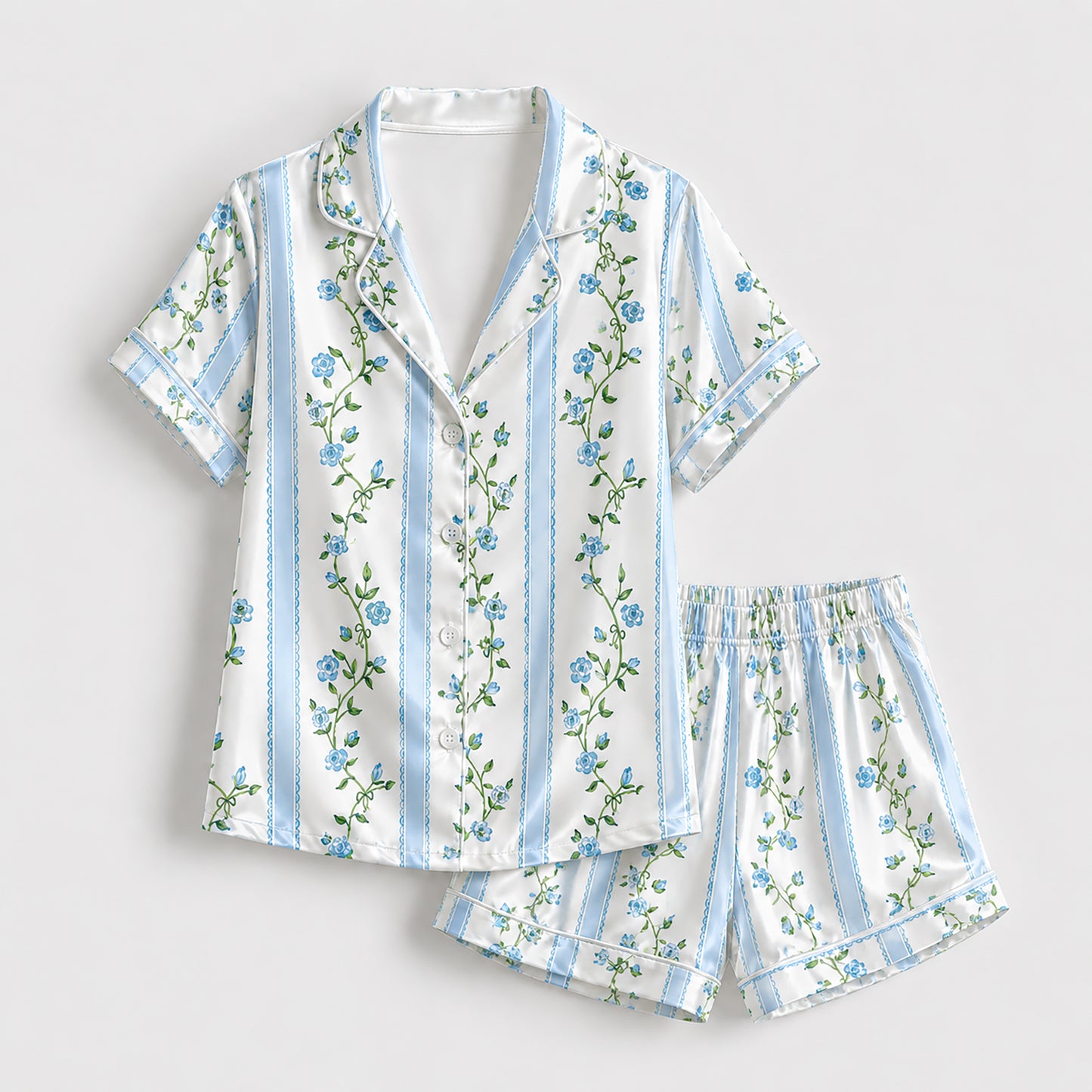 PJ-309-Floral Vine and Stripe Print Button Front Satin Sleepwear Pajamas