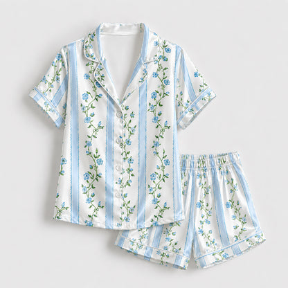 PJ-309-Floral Vine and Stripe Print Button Front Satin Sleepwear Pajamas