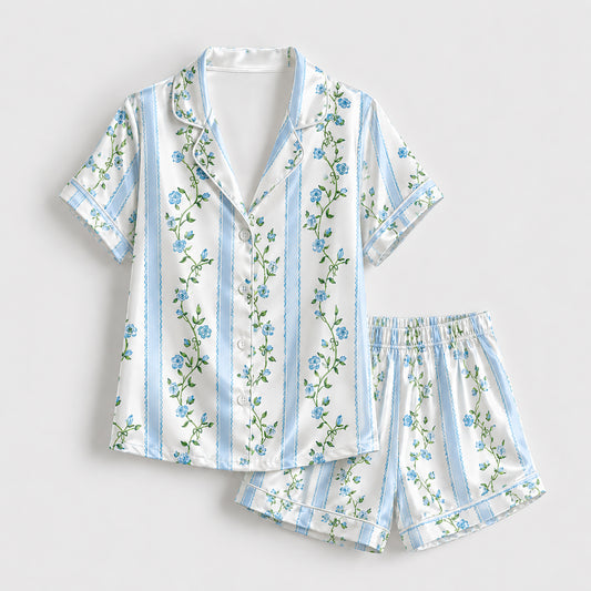 PJ-309-Floral Vine and Stripe Print Button Front Satin Sleepwear Pajamas