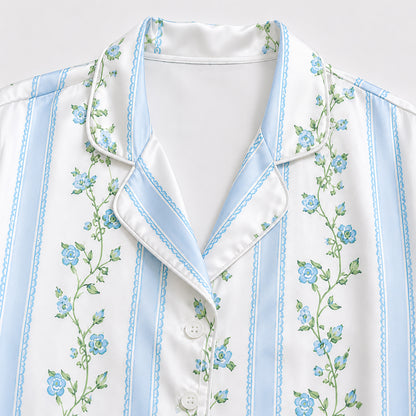 PJ-309-Floral Vine and Stripe Print Button Front Satin Sleepwear Pajamas