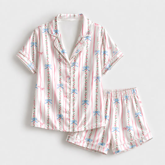 PJ-310-Women's Button Down Satin Pajama Sleepwear Set Pink Striped Floral Bow Print