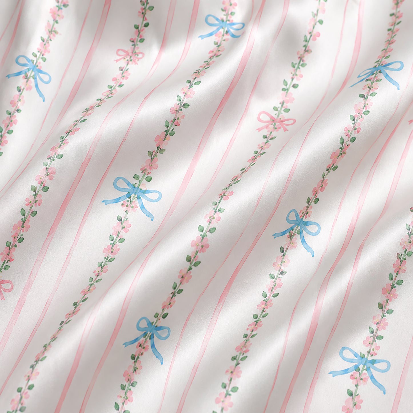 PJ-310-Women's Button Down Satin Pajama Sleepwear Set Pink Striped Floral Bow Print