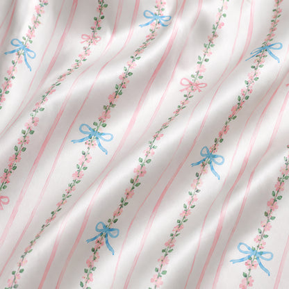 PJ-310-Women's Button Down Satin Pajama Sleepwear Set Pink Striped Floral Bow Print