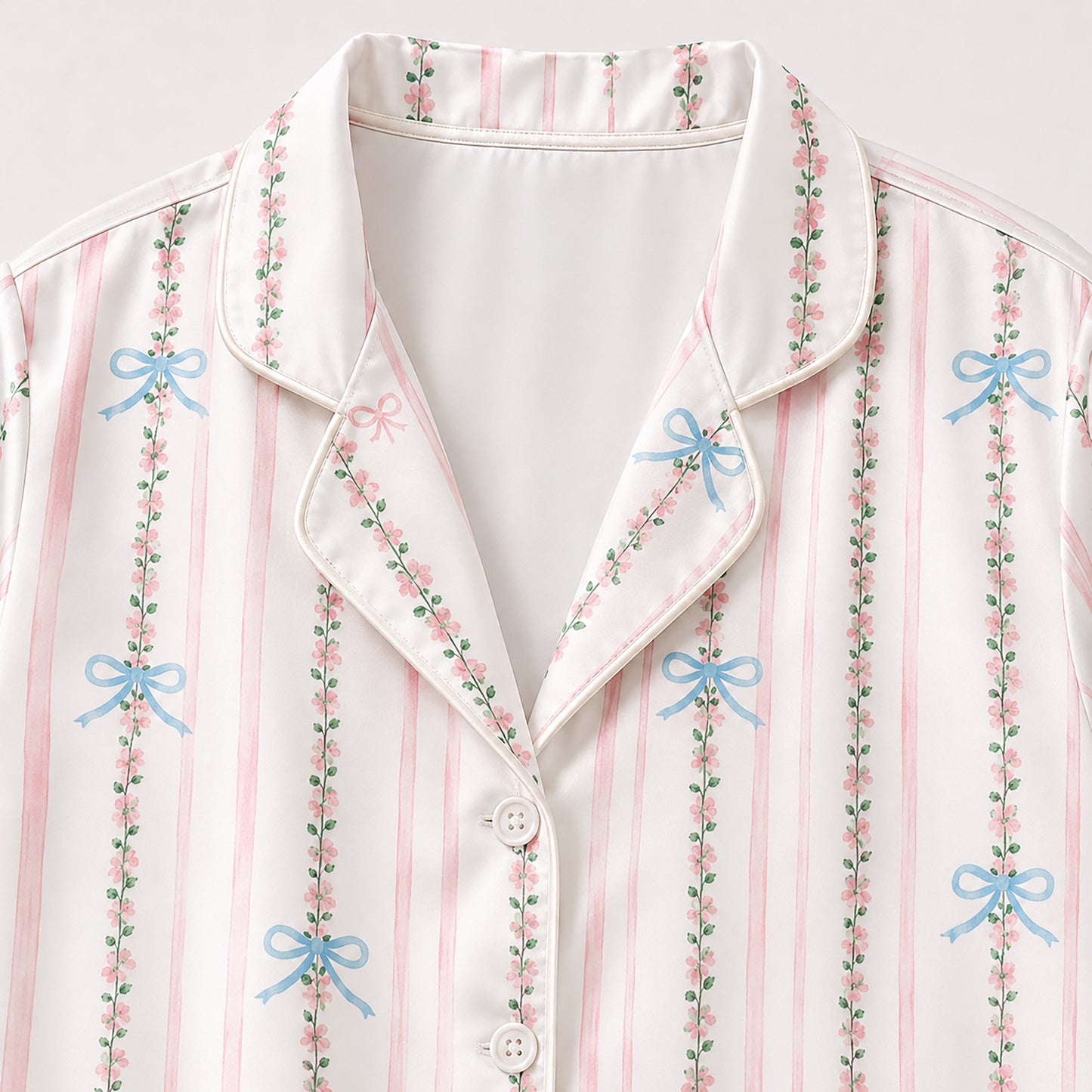 PJ-310-Women's Button Down Satin Pajama Sleepwear Set Pink Striped Floral Bow Print