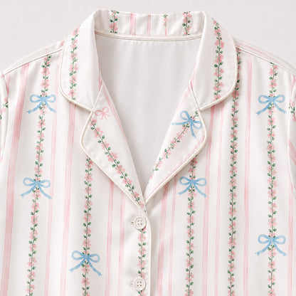 PJ-310-Women's Button Down Satin Pajama Sleepwear Set Pink Striped Floral Bow Print