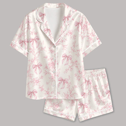 PJ-311-Violet Toile Floral Ribbon Pattern Satin Pajamas Button Up Lounge Set