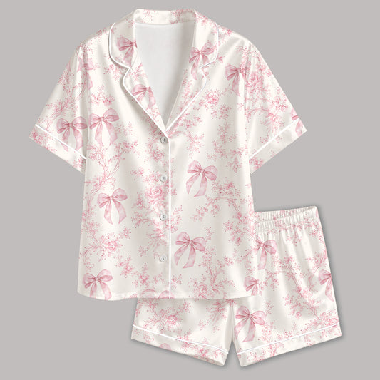 PJ-311-Violet Toile Floral Ribbon Pattern Satin Pajamas Button Up Lounge Set