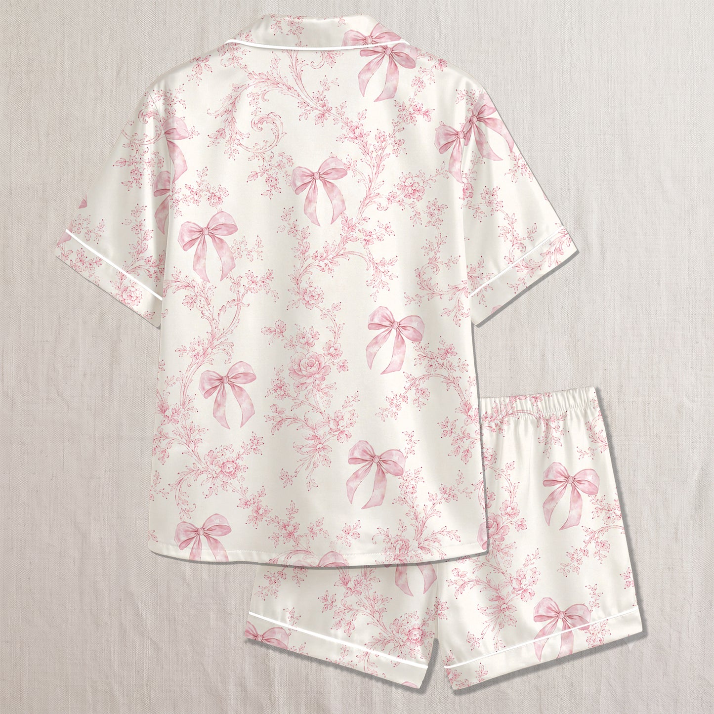 PJ-311-Violet Toile Floral Ribbon Pattern Satin Pajamas Button Up Lounge Set
