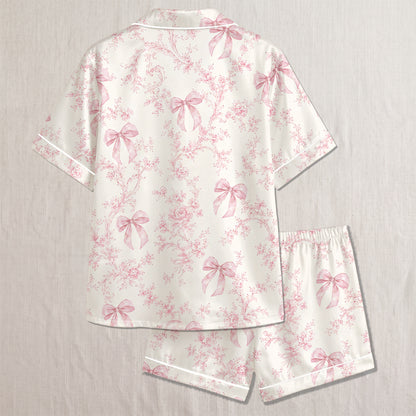 PJ-311-Violet Toile Floral Ribbon Pattern Satin Pajamas Button Up Lounge Set