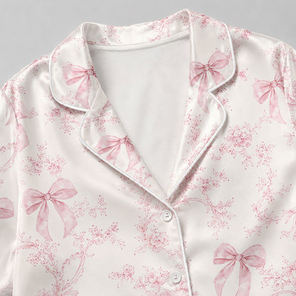 PJ-311-Violet Toile Floral Ribbon Pattern Satin Pajamas Button Up Lounge Set