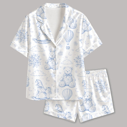 PJ-312-Vintage Toy Animal Sketch Print Satin Button Down Pajama Set