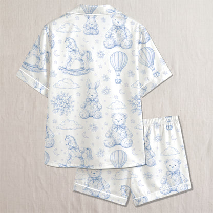 PJ-312-Vintage Toy Animal Sketch Print Satin Button Down Pajama Set