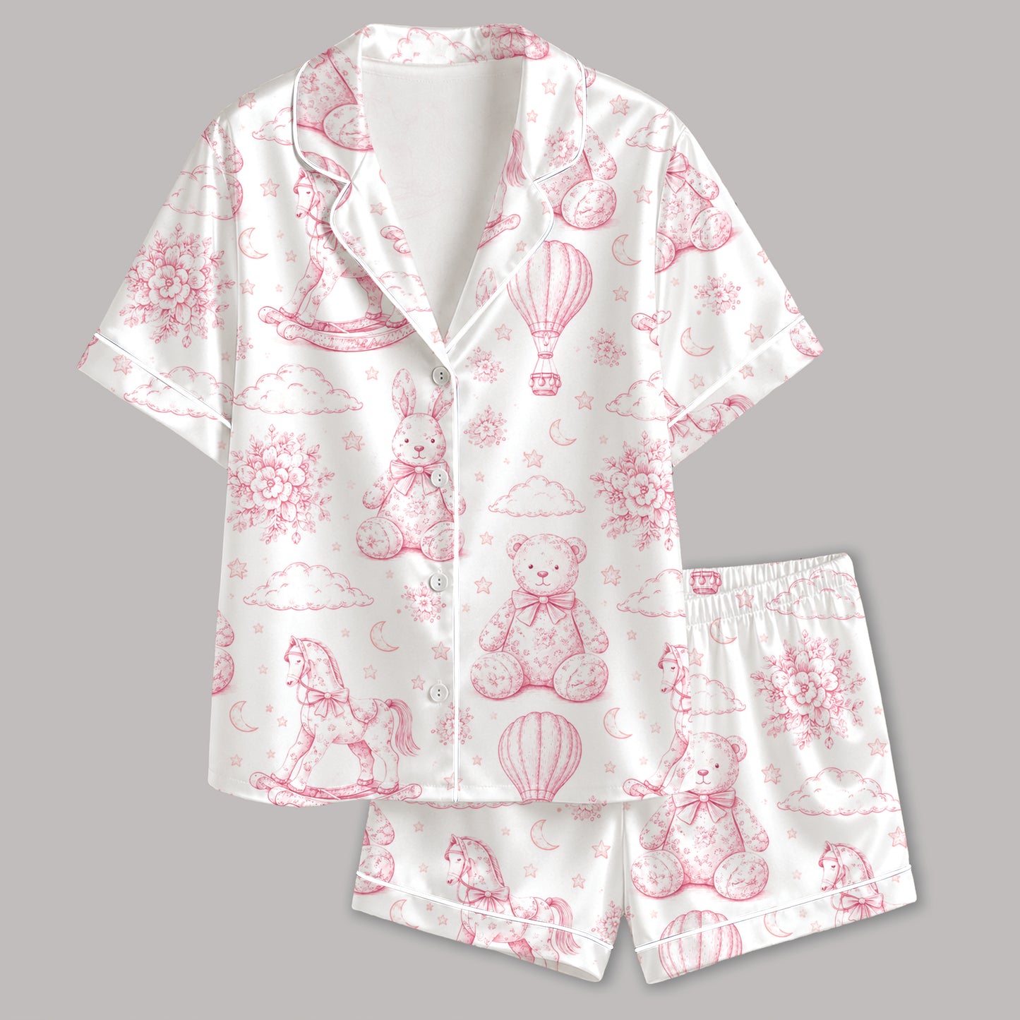 PJ-312-Vintage Toy Animal Sketch Print Satin Button Down Pajama Set