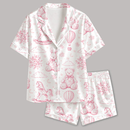 PJ-312-Vintage Toy Animal Sketch Print Satin Button Down Pajama Set