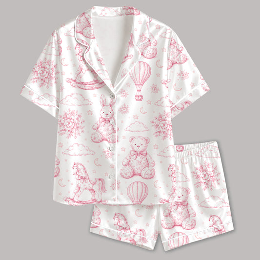 PJ-312-Vintage Toy Animal Sketch Print Satin Button Down Pajama Set