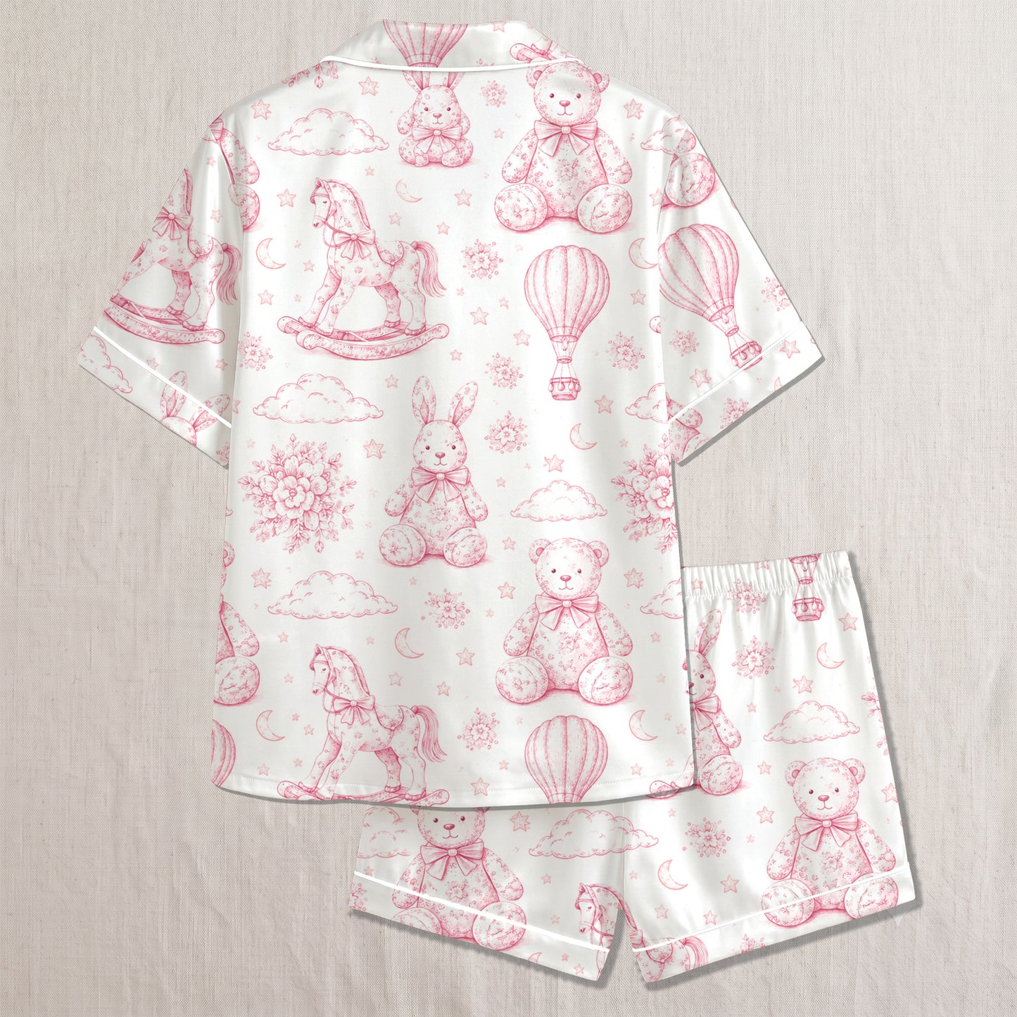 PJ-312-Vintage Toy Animal Sketch Print Satin Button Down Pajama Set