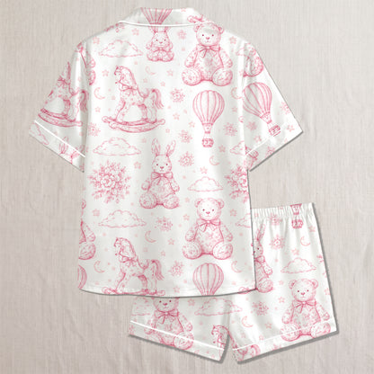 PJ-312-Vintage Toy Animal Sketch Print Satin Button Down Pajama Set