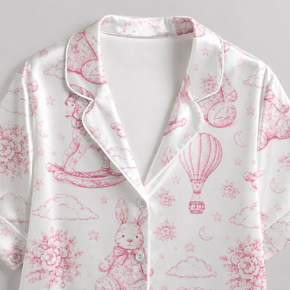 PJ-312-Vintage Toy Animal Sketch Print Satin Button Down Pajama Set