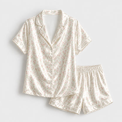 PJ-314-White Satin Floral Pajama Set, Pink Rose Sleeve Loungewear Sleepwear Collection Nightwear Boutique